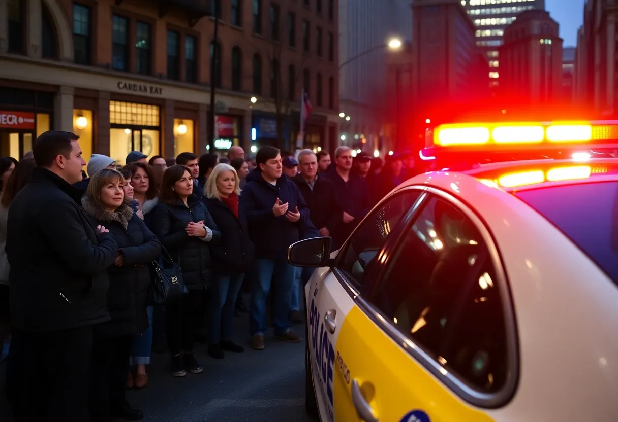 Police car at a shooting scene in Boston with residents nearby