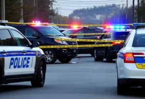 Scene of a vehicle crash involving Boston police cruisers with yellow police tape securing the area.