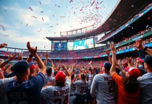 Fans cheering at Fenway Park during Boston Red Sox playoff celebration