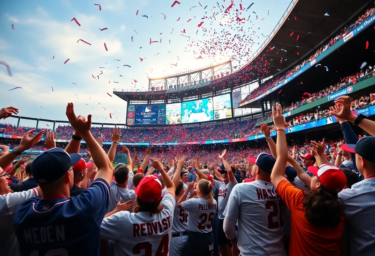 Fans cheering at Fenway Park during Boston Red Sox playoff celebration