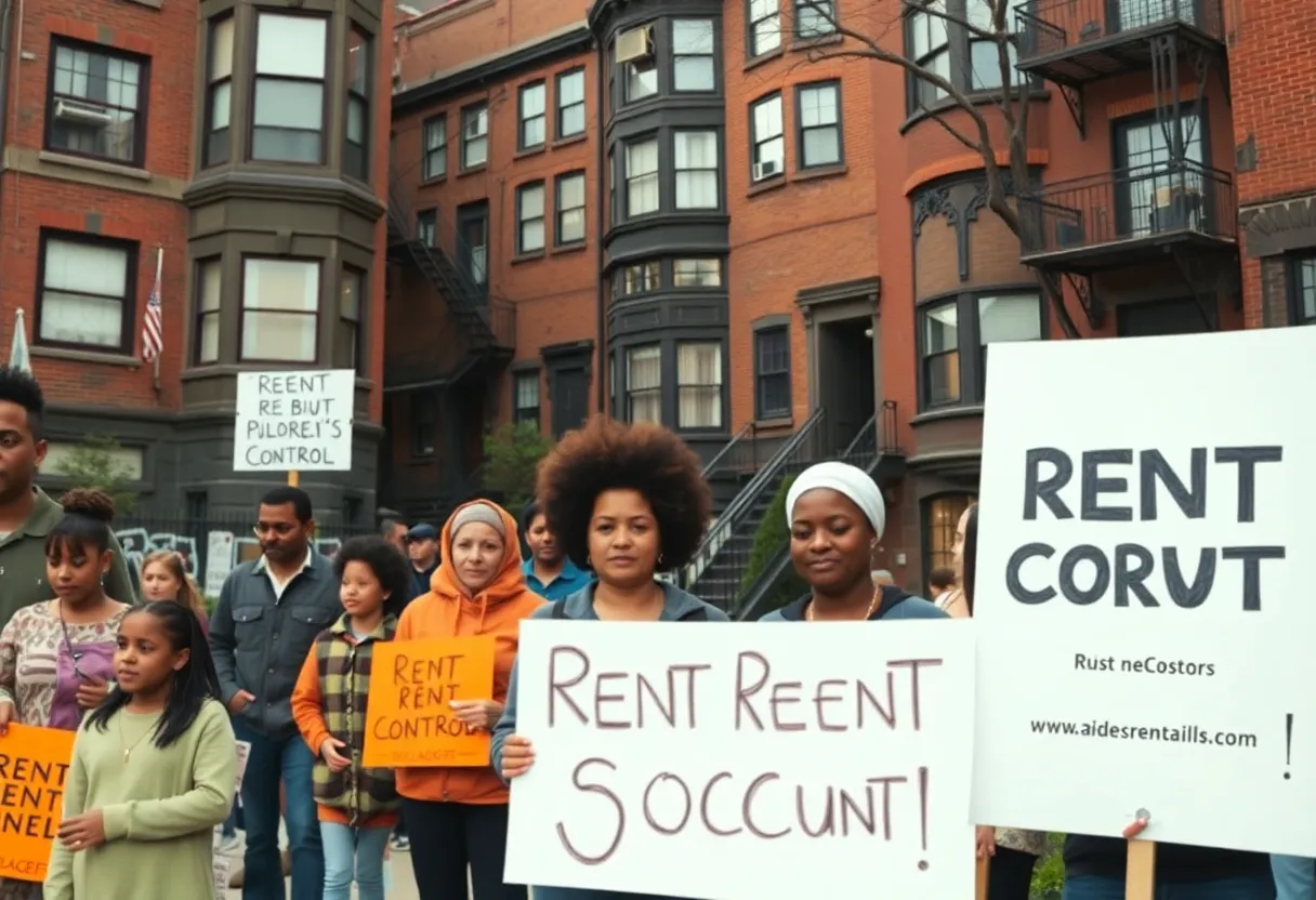 Neighborhood in Boston with families and rent control signs