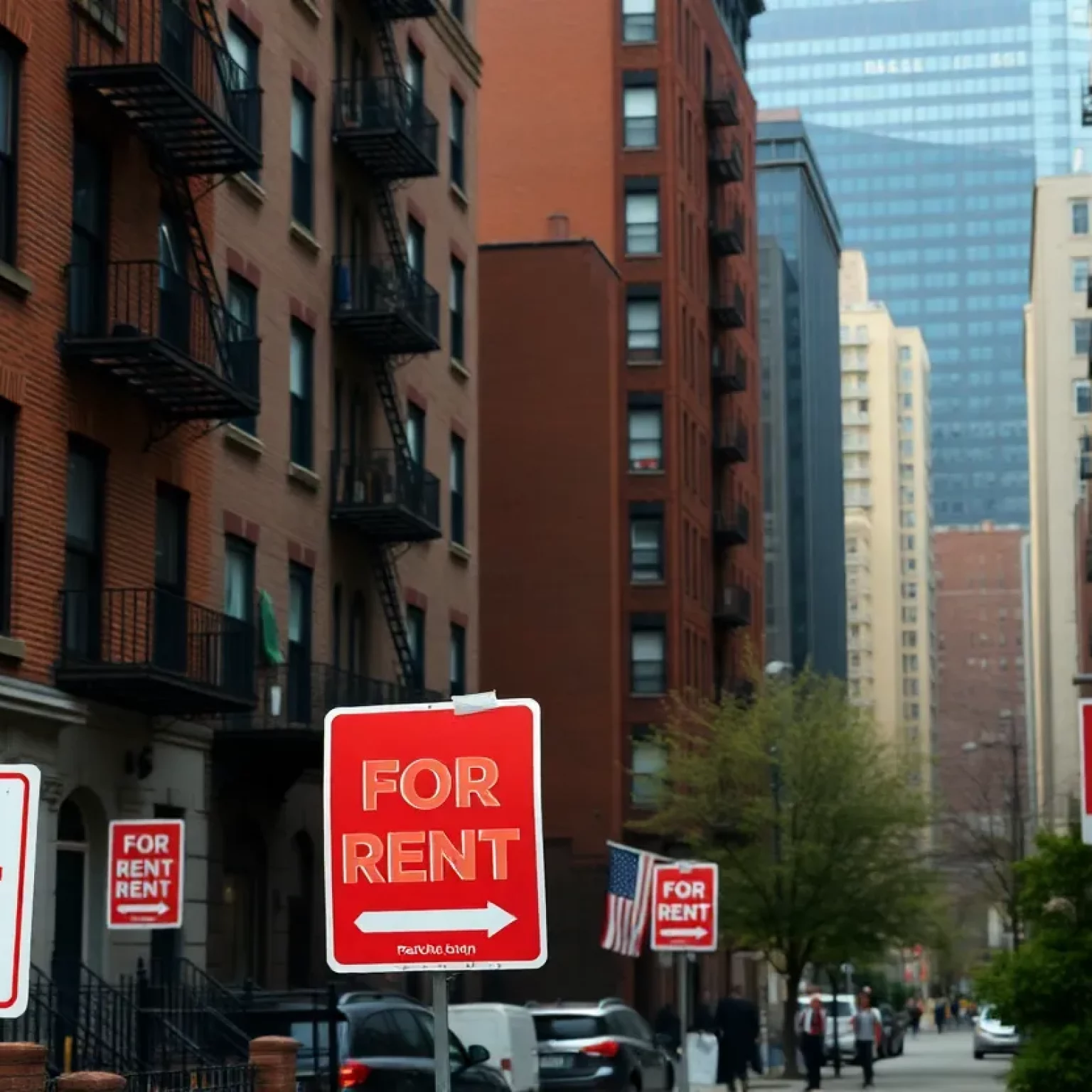 Vacant rental apartments in Boston with 'For Rent' signs.