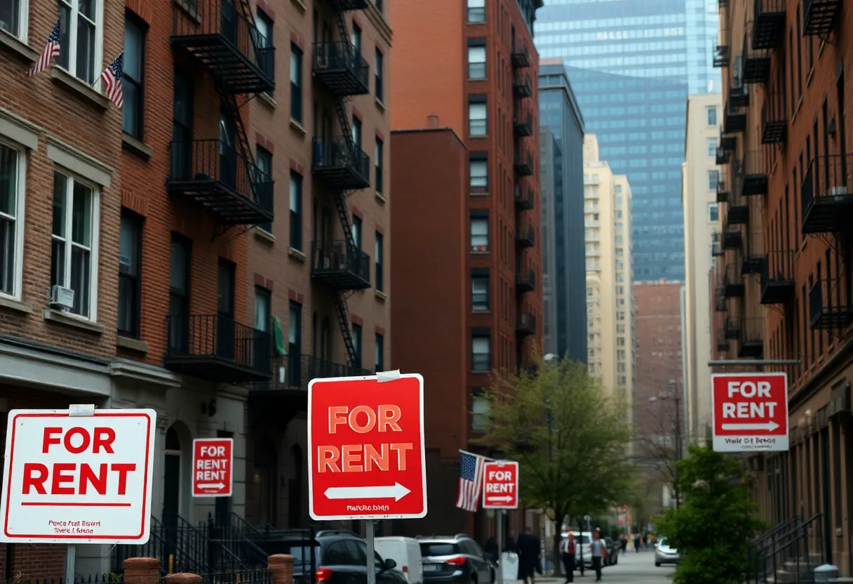 Vacant rental apartments in Boston with 'For Rent' signs.