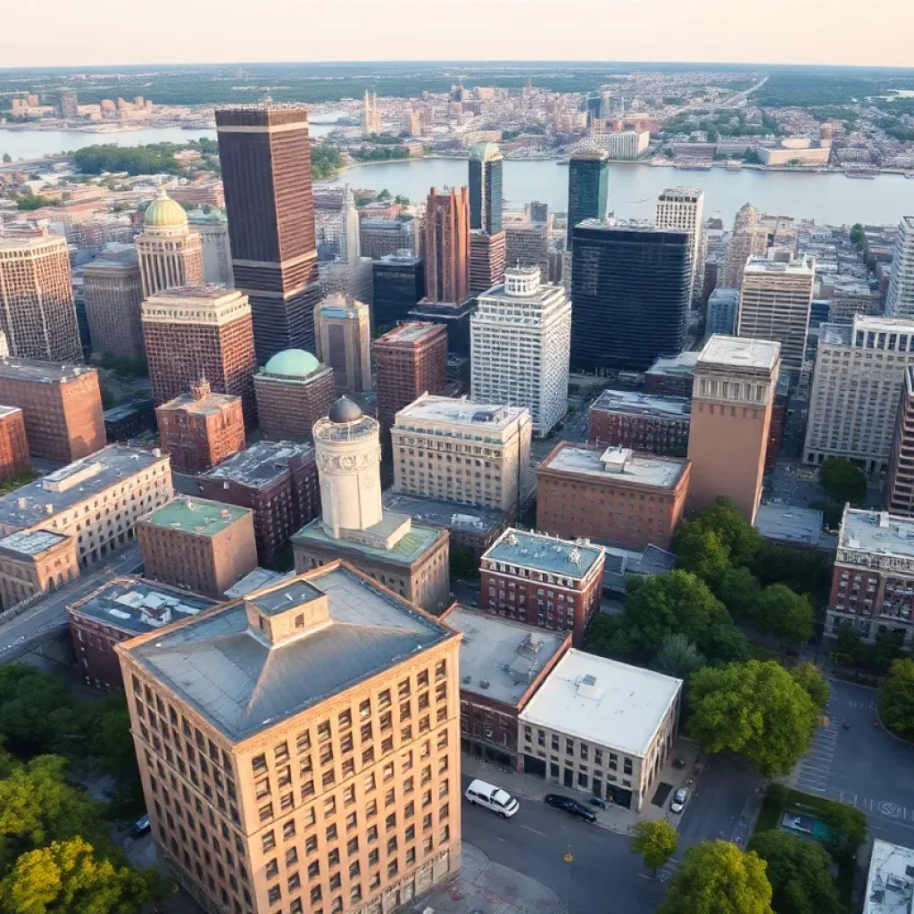 Aerial view of Boston skyline showcasing urban life and community engagement.
