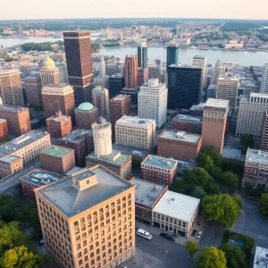 Aerial view of Boston skyline showcasing urban life and community engagement.