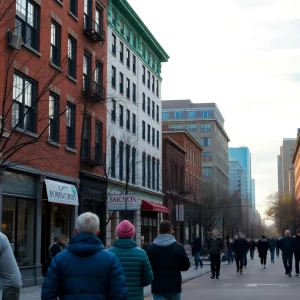 People enjoying mild spring weather in Boston with a milky sky