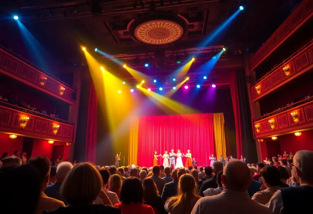A colorful stage in a Boston theater during a performance.