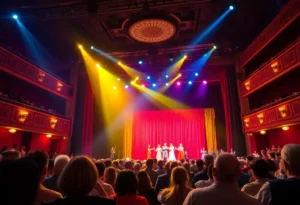 A colorful stage in a Boston theater during a performance.