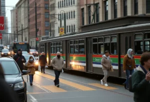 View of Boston's Green Line trolley station with empty tracks.