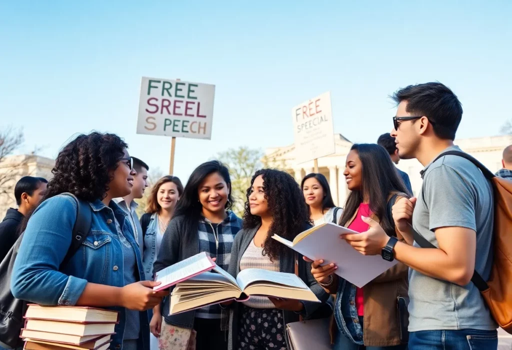 Diverse students discussing free speech on a university campus