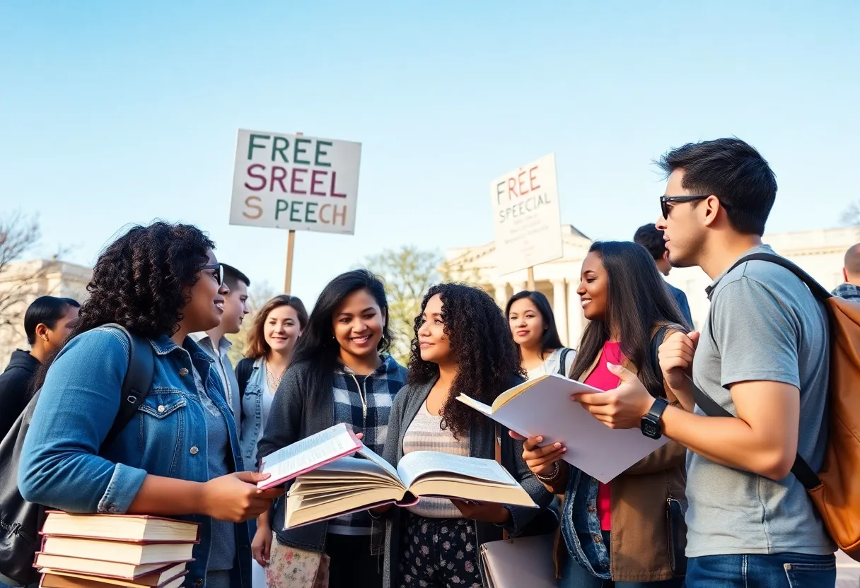 Diverse students discussing free speech on a university campus