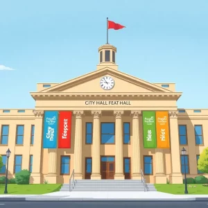 An illustration of Boston City Hall promoting community engagement and philanthropy.