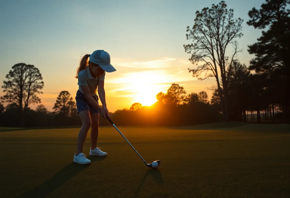 Young female golfer celebrating victory on the golf course