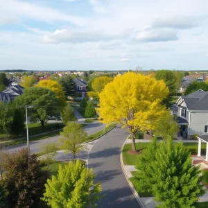 A serene view of a residential area in Brookline showcasing green parks and homes.