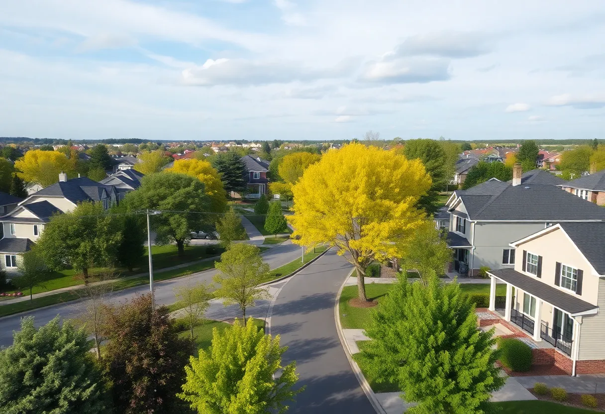 A serene view of a residential area in Brookline showcasing green parks and homes.