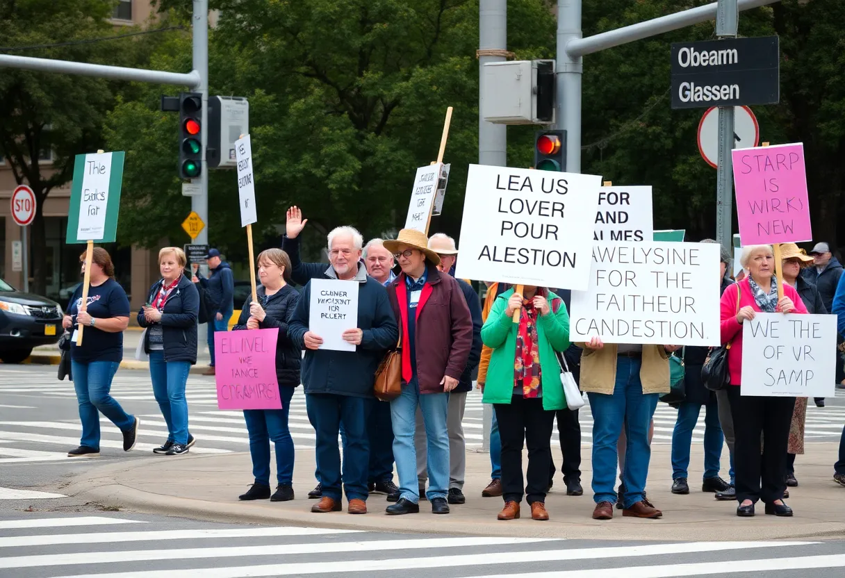 Seniors engaging in a protest at Coolidge Corner intersection, advocating for democracy.