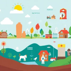 Illustration showing the economic impacts of climate change across various sectors.