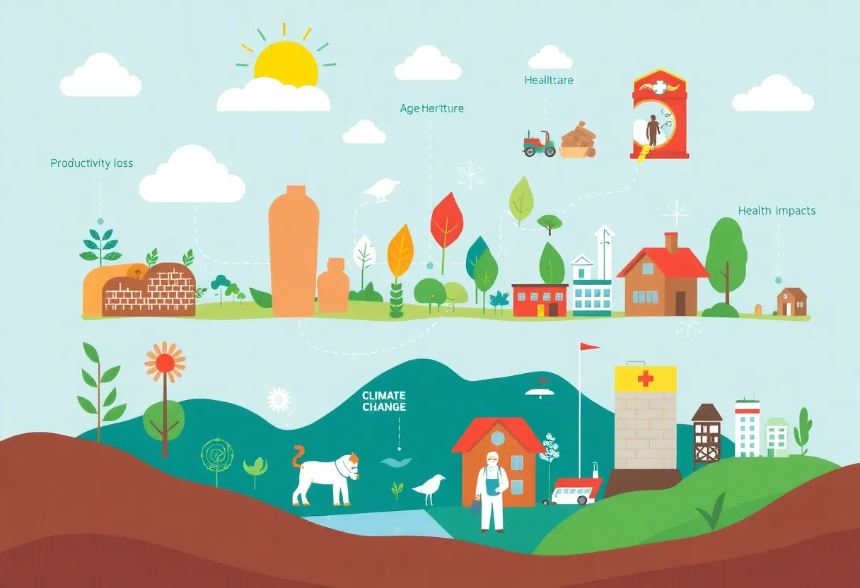 Illustration showing the economic impacts of climate change across various sectors.