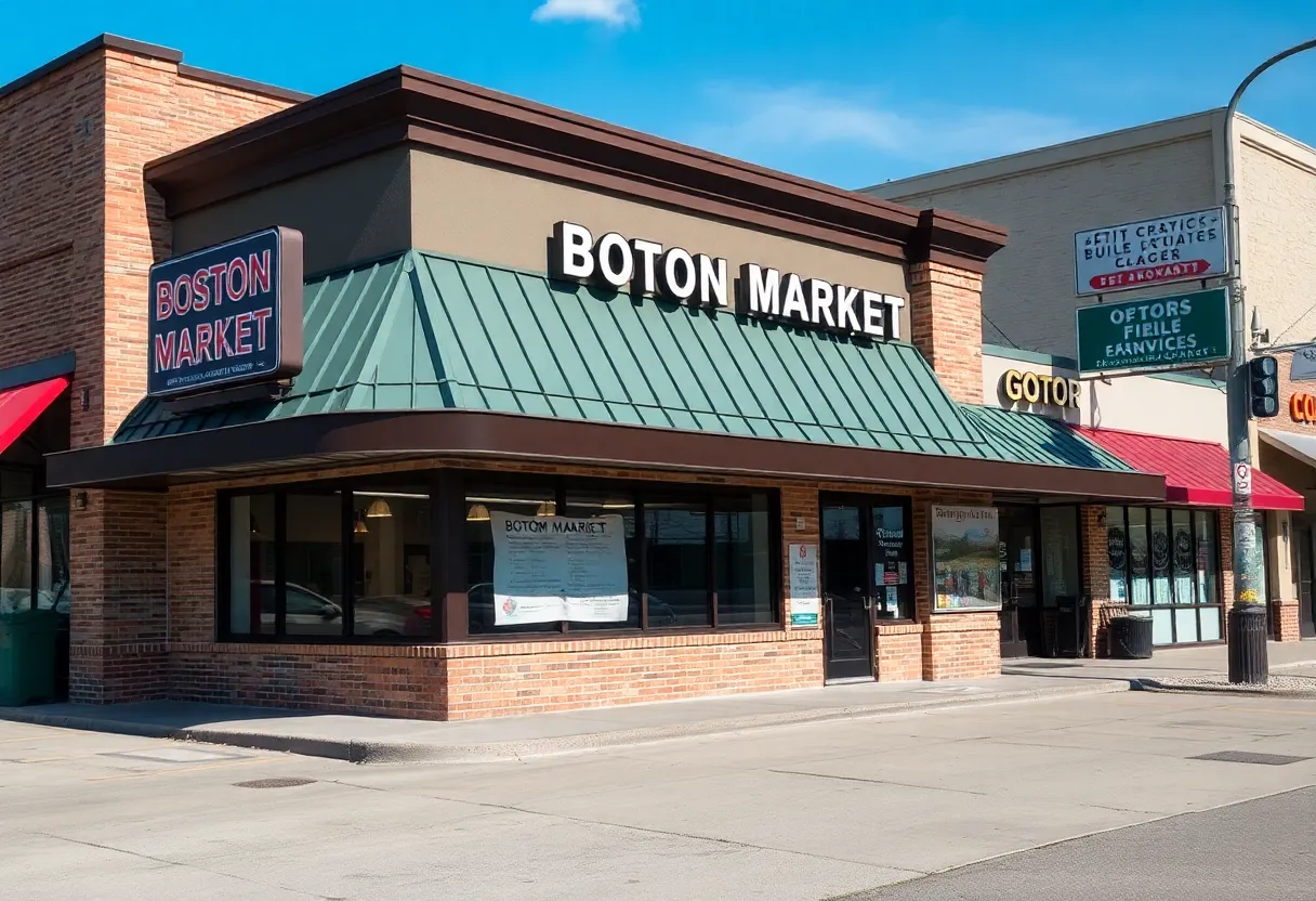A closed Boston Market restaurant with for sale signs