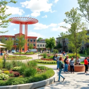 Renovated Codman Square Park with community members enjoying the new features
