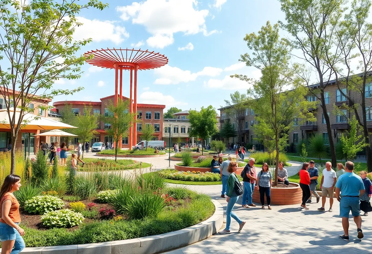 Renovated Codman Square Park with community members enjoying the new features