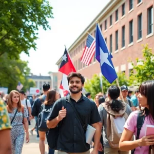 Diverse group of college students discussing political ideas on campus