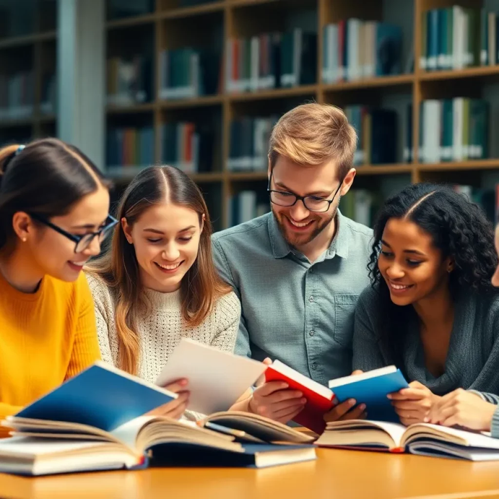 Group of diverse college students studying together in a library.