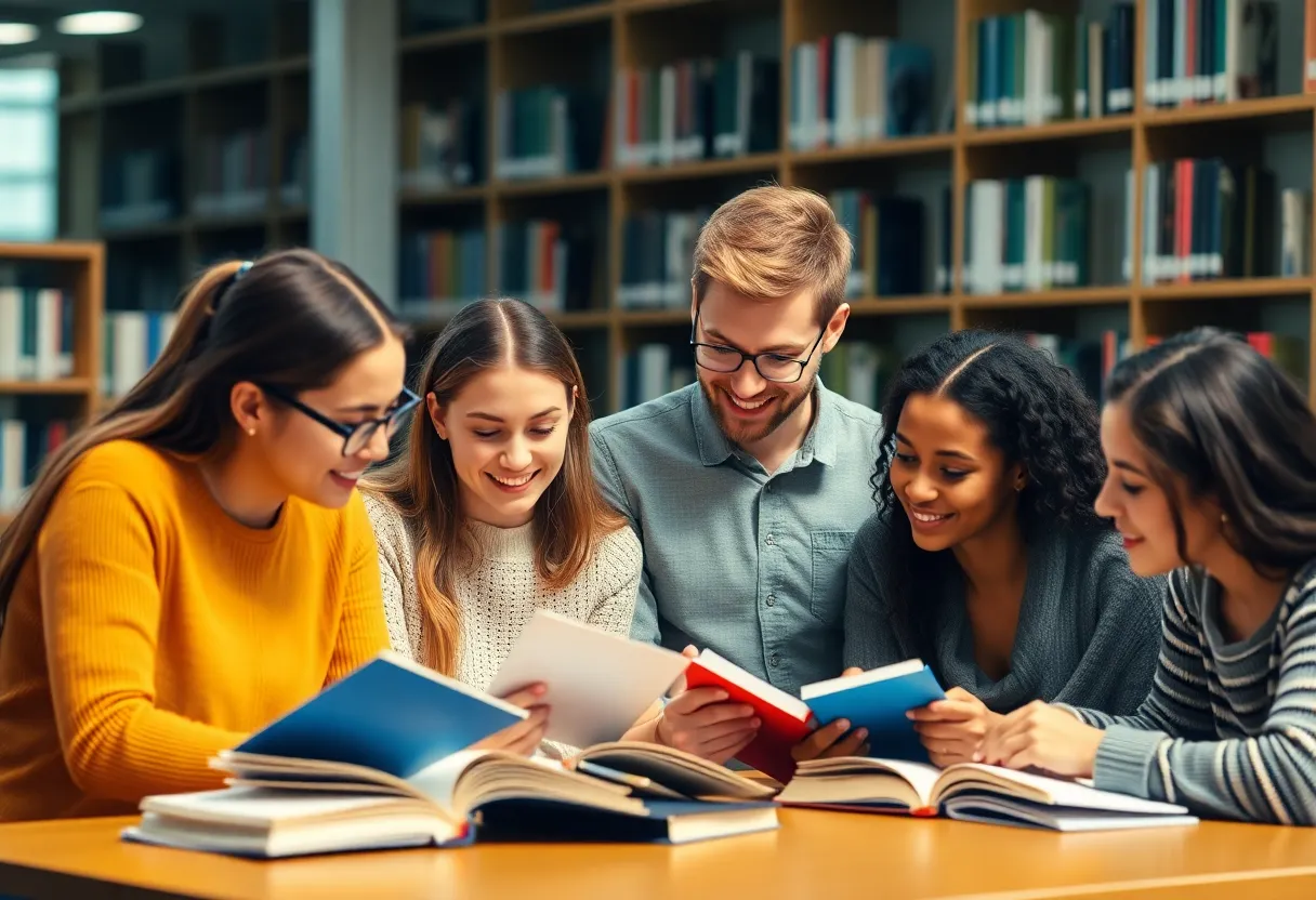 Group of diverse college students studying together in a library.