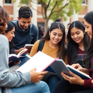 Diverse college students studying outdoors on campus