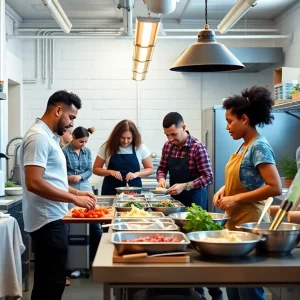 An energetic kitchen incubator filled with diverse entrepreneurs at work