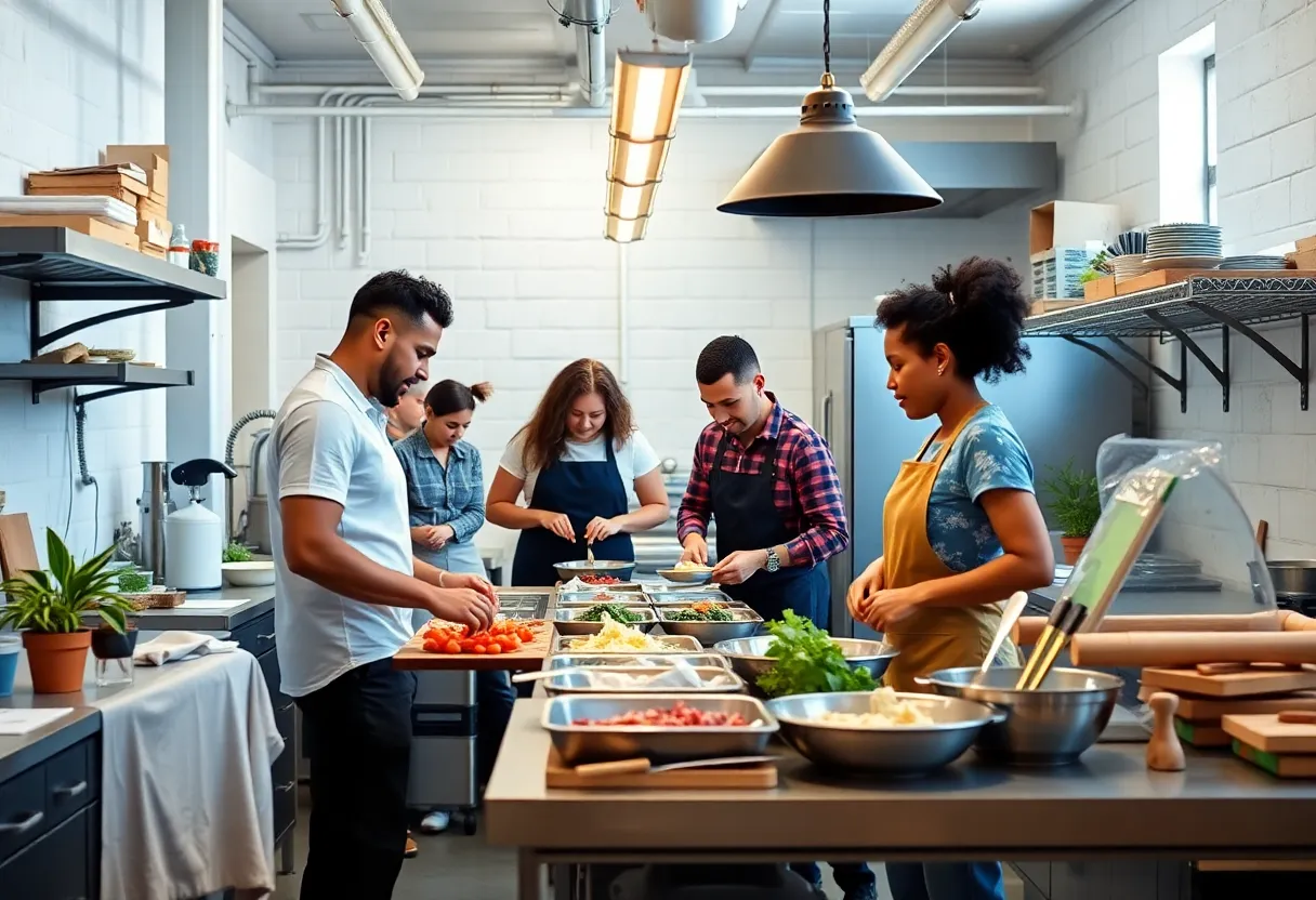An energetic kitchen incubator filled with diverse entrepreneurs at work