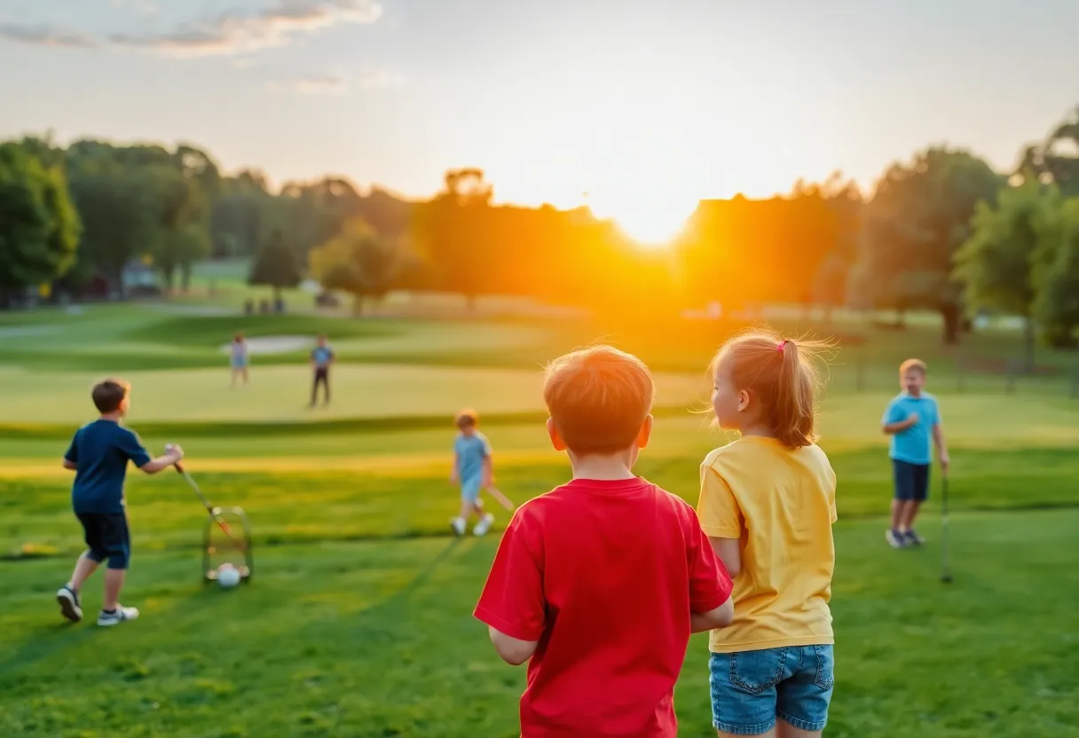 Park scene with children playing sports and a golf course