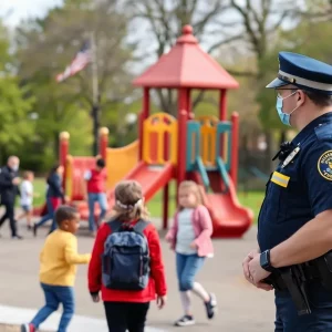 Families at a playground with police presence ensuring safety.