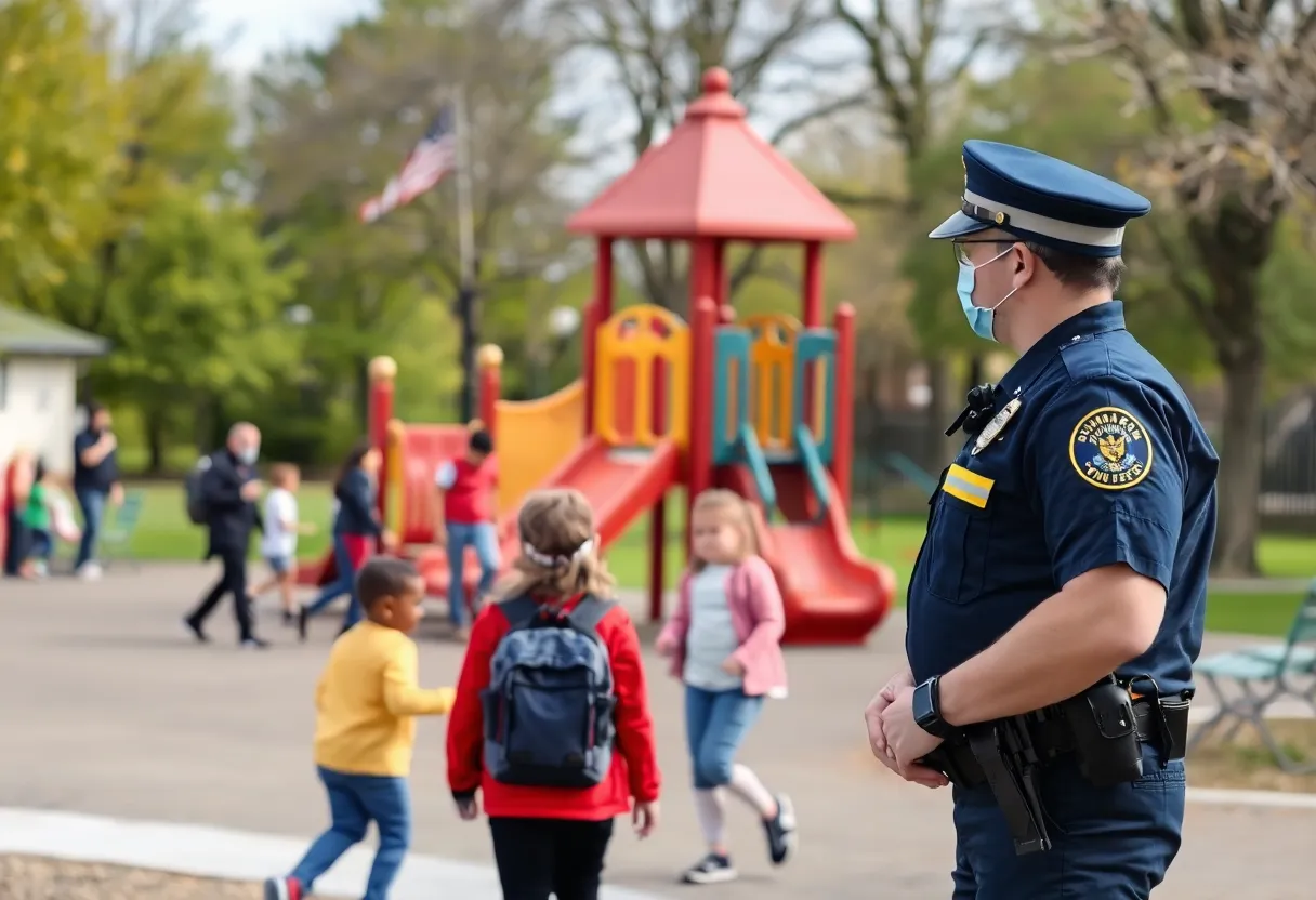 Families at a playground with police presence ensuring safety.