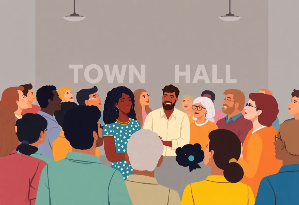 A diverse group of people attending a town hall meeting.
