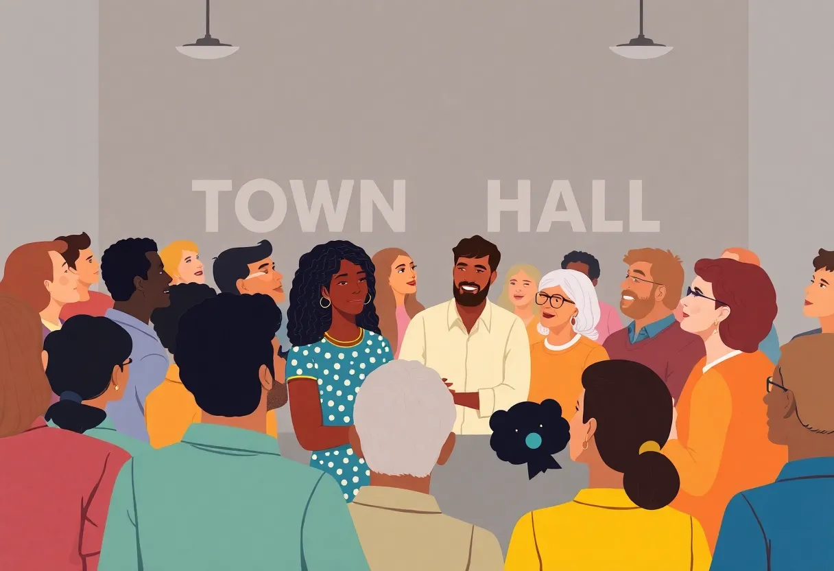 A diverse group of people attending a town hall meeting.