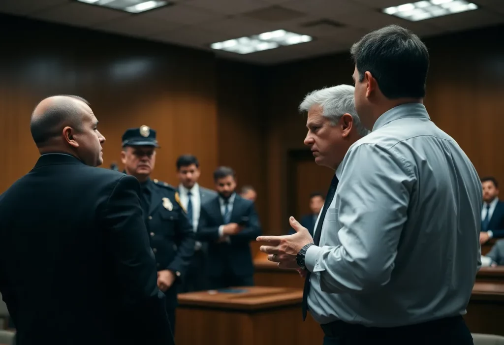 Inside a courtroom with legal professionals discussing serious charges.