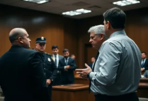 Inside a courtroom with legal professionals discussing serious charges.