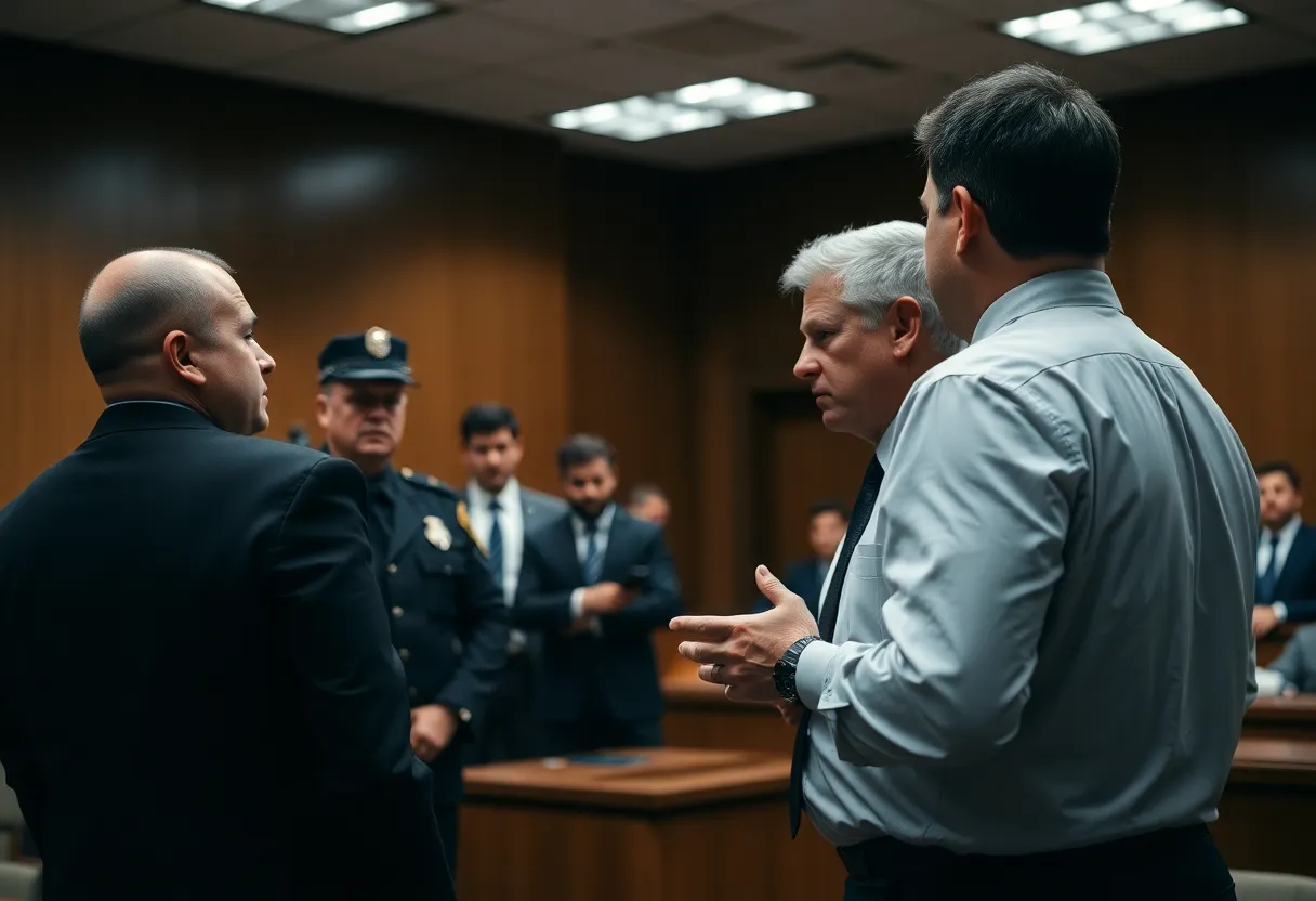 Inside a courtroom with legal professionals discussing serious charges.