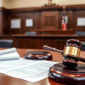 Courtroom with legal documents and a gavel