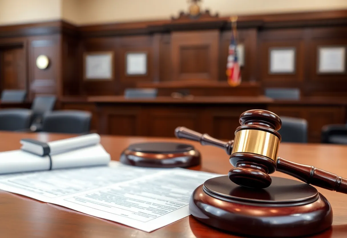 Courtroom with legal documents and a gavel