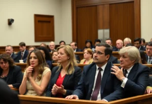Courtroom scene during a verdict announcement in a high-profile case.