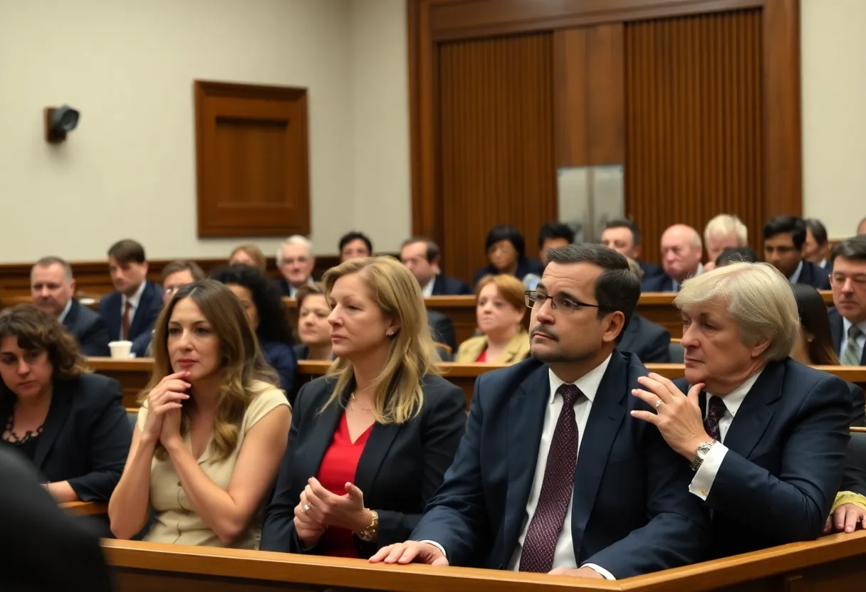 Courtroom scene during a verdict announcement in a high-profile case.