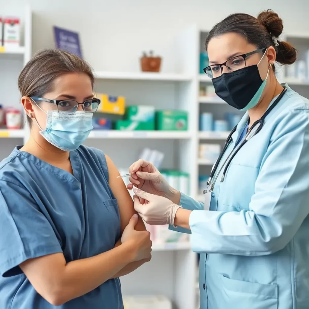 A healthcare worker administering a COVID-19 vaccine in a pharmacy.