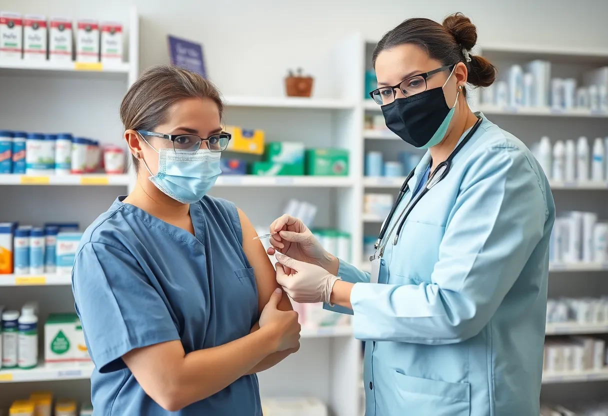 A healthcare worker administering a COVID-19 vaccine in a pharmacy.