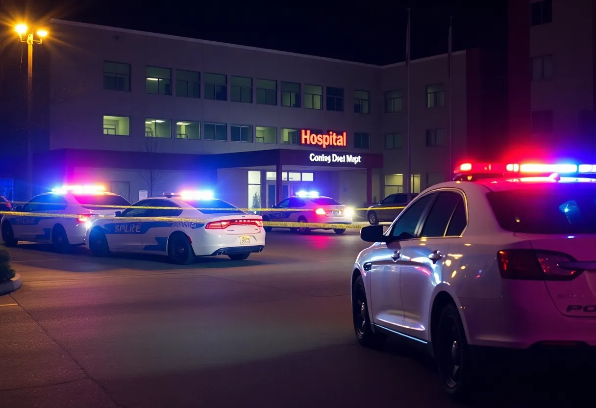 Police cars outside South Shore Hospital at night