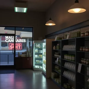 Interior of a medical cannabis dispensary showing empty shelves
