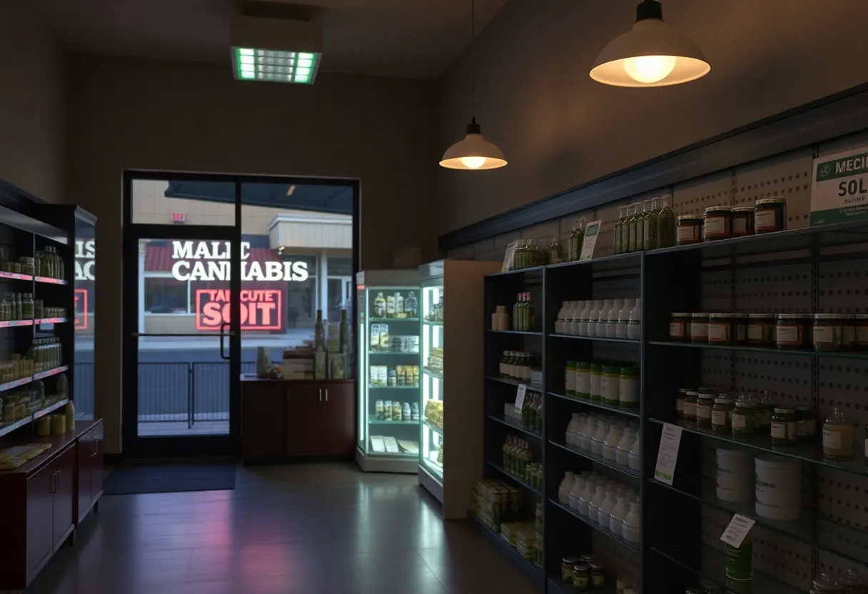 Interior of a medical cannabis dispensary showing empty shelves