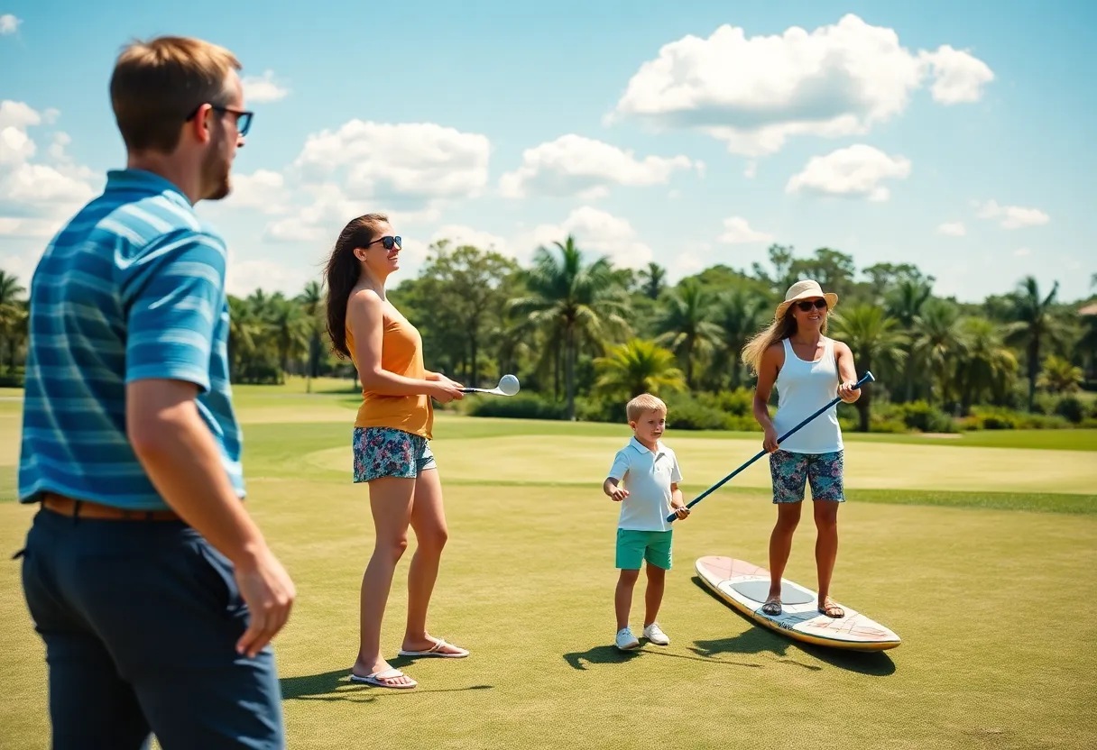 Family having fun at a golf course with multiple activities