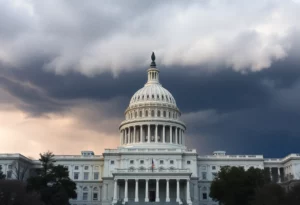 Illustration of the U.S. Capitol with storm clouds representing government shutdown risk